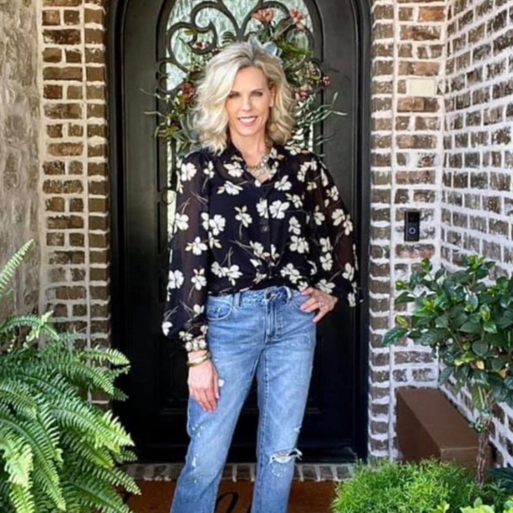 Cabi Cosmo Blouse Women Large Black Ivory New Floral Sheer Button Up 4159